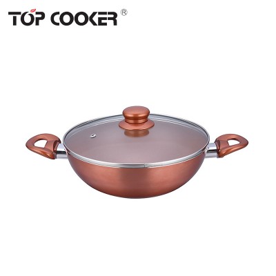 Press aluminum copper metallic Non Stick Wok Pan with double ears